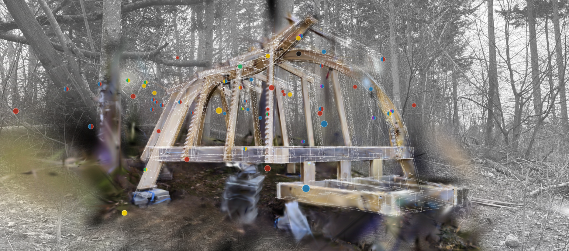 This figure shows a gaussian splat of a Danish-style shelter that we assembled in the forest with on-site adjustments marked as little dots.